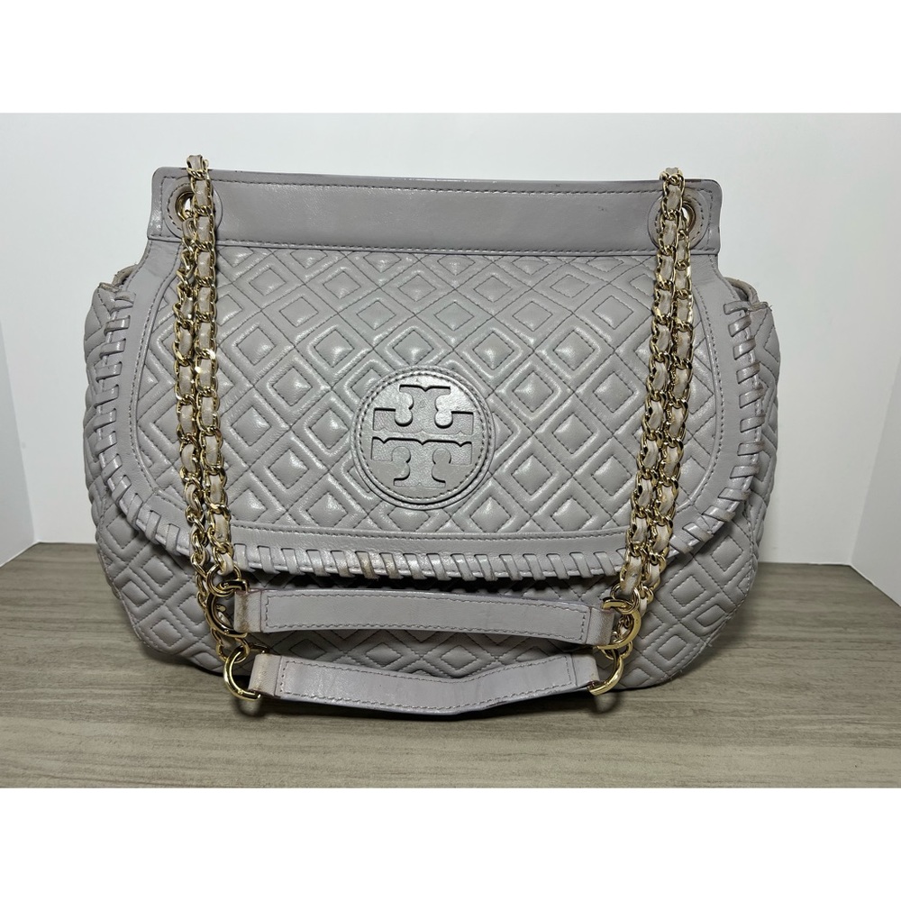 Tory Burch Marion Saddle Mercury Quilted Leather Shoulder Bag